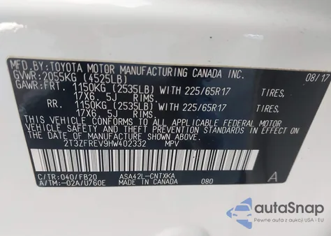 2017 Toyota Rav4 Le из США, поврежденный, VIN 2T3ZFREV9HW402332